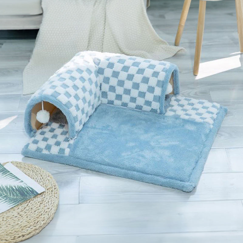2-in-1 Funny Plush Plaid Chequered Cat Tunnel Bed