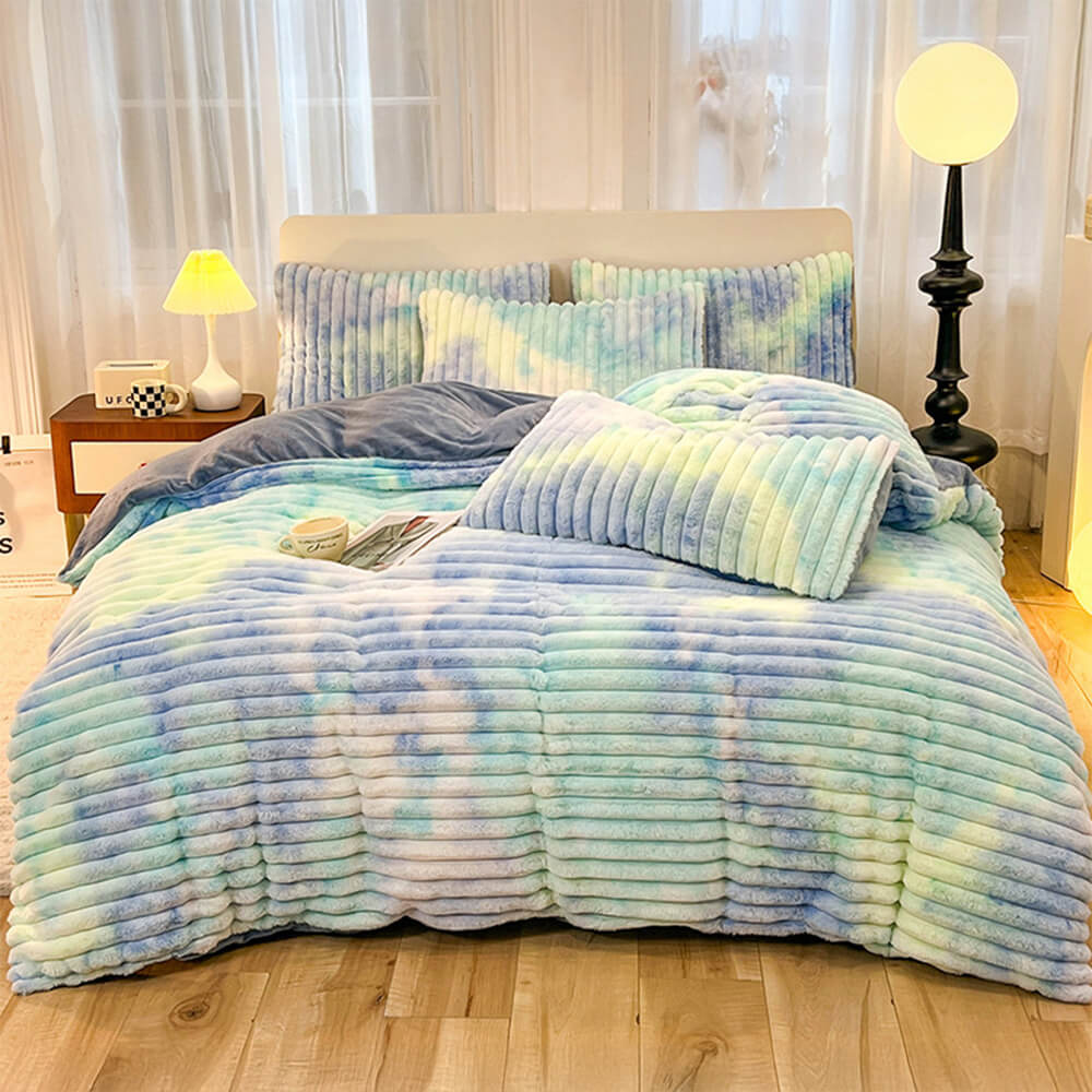 Colourful Gradient Textured Bubble Faux Rabbit Fur Soft Bed Sheet Set