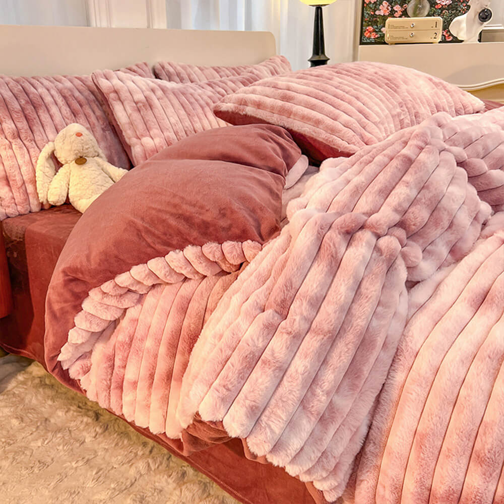 Colourful Gradient Textured Bubble Faux Rabbit Fur Soft Bed Sheet Set