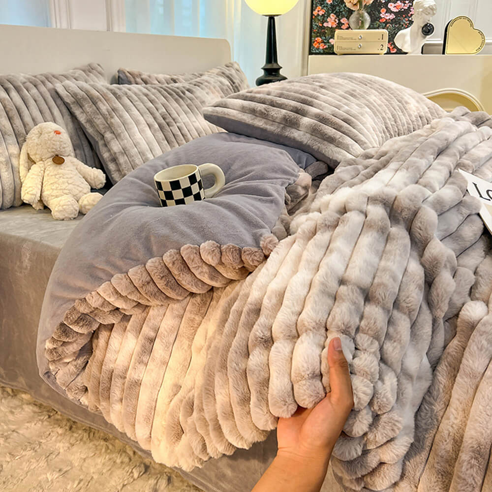 Colourful Gradient Textured Bubble Faux Rabbit Fur Soft Bed Sheet Set
