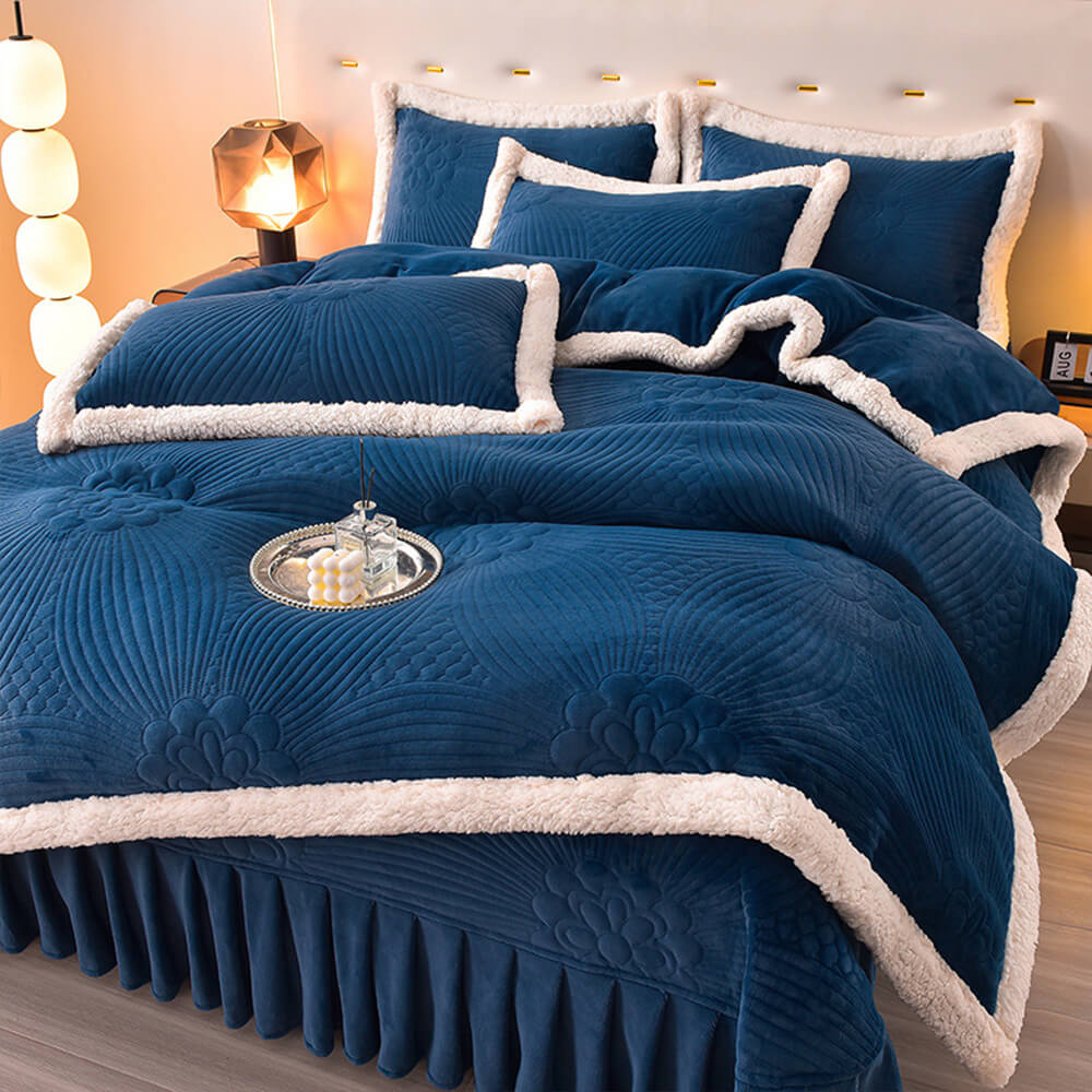 Floral Quilted Cosy Thickened Milk Fleece Bed Skirt Set