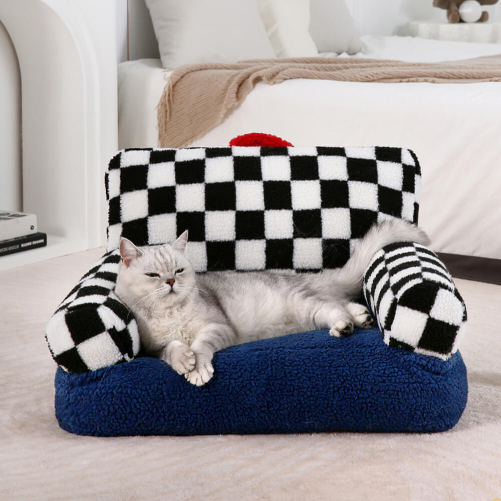 Vintage Chequered Washable Cosy Support Calming Dog & Cat Sofa Bed