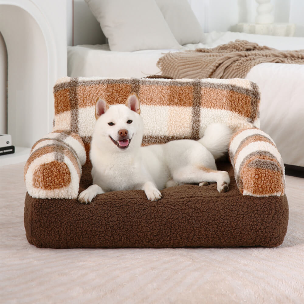 Vintage Chequered Washable Cosy Support Calming Dog & Cat Sofa Bed