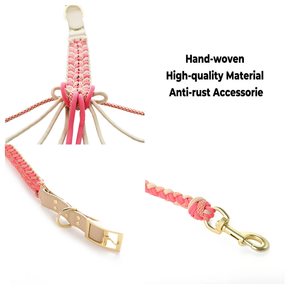 Hand-Woven Leather Multifunctional Anti-Pull Dog Collar and Lead Set
