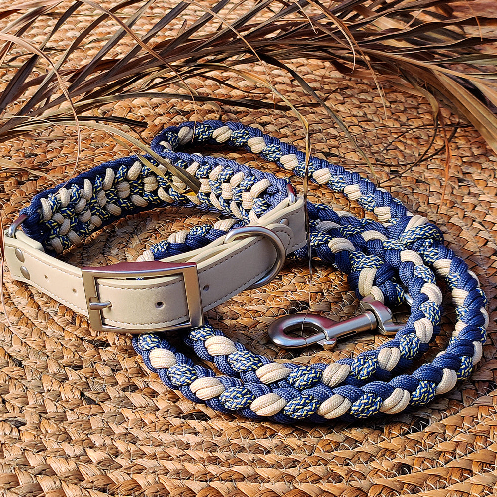Hand-Woven Leather Multifunctional Anti-Pull Dog Collar and Lead Set