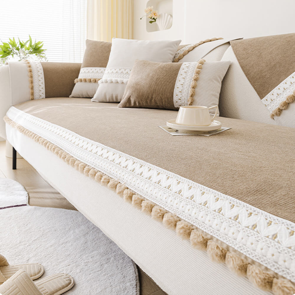 All-Season Waterproof Anti-Scratch Soft Corduroy Sofa Cover with Pom-poms
