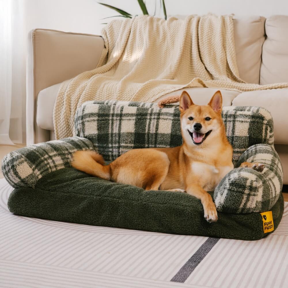 Vintage Chequered Washable Cosy Support Calming Dog & Cat Sofa Bed