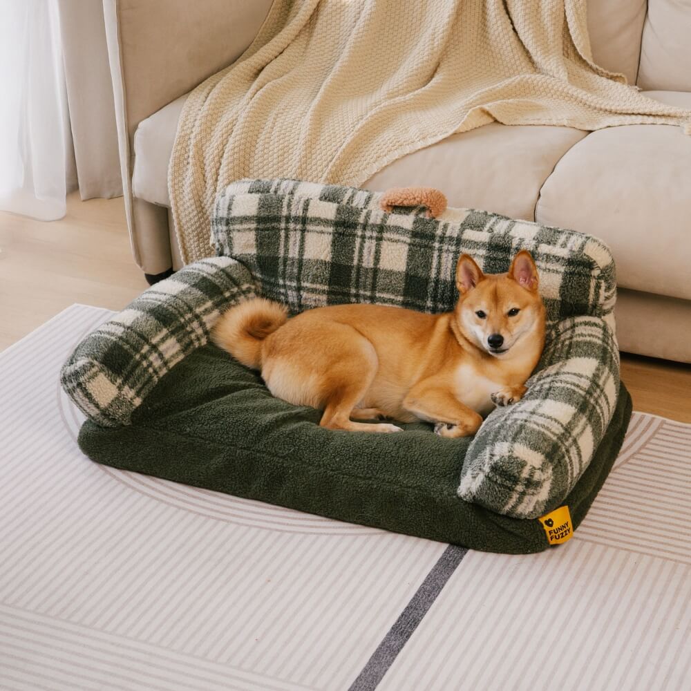 Vintage Chequered Washable Cosy Support Calming Dog & Cat Sofa Bed