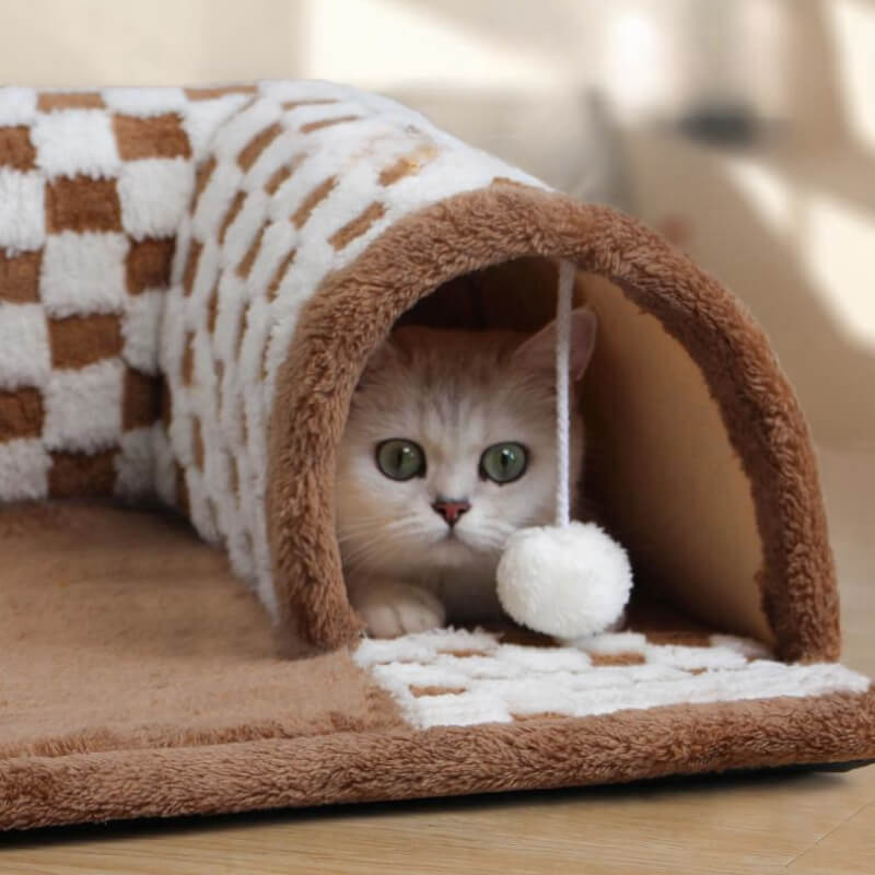 2-in-1 Funny Plush Plaid Chequered Cat Tunnel Bed