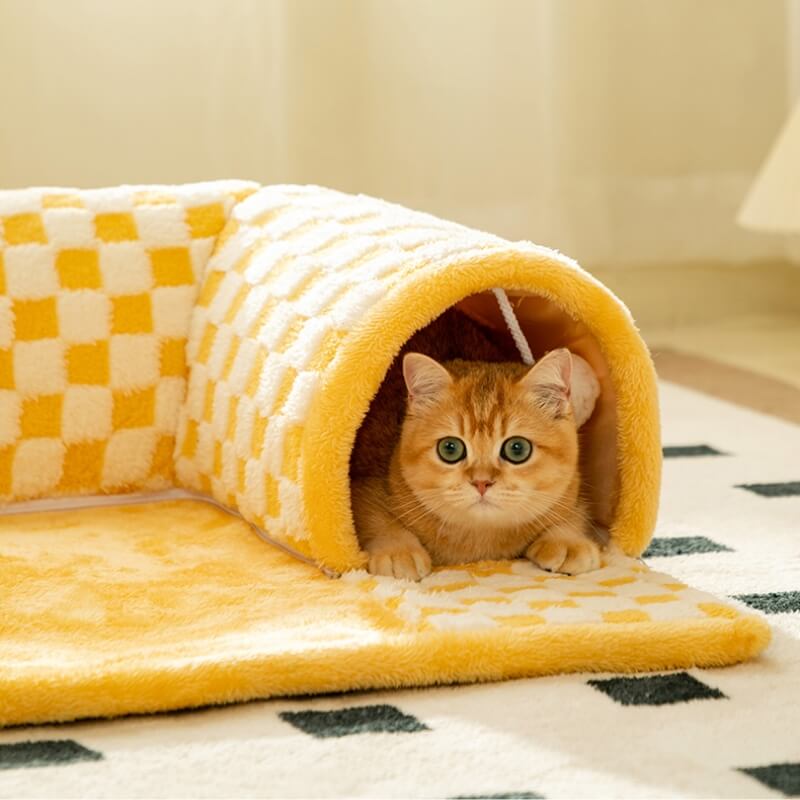 2-in-1 Funny Plush Plaid Chequered Cat Tunnel Bed