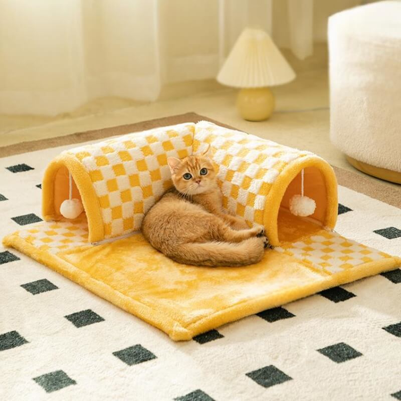 2-in-1 Funny Plush Plaid Chequered Cat Tunnel Bed