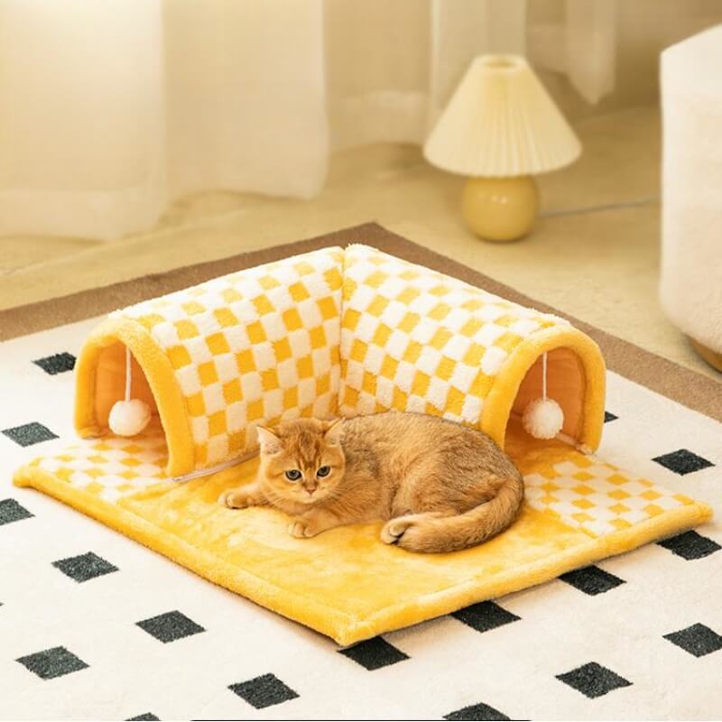 2-in-1 Funny Plush Plaid Chequered Cat Tunnel Bed
