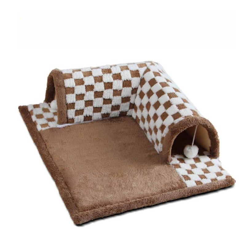 2-in-1 Funny Plush Plaid Chequered Cat Tunnel Bed