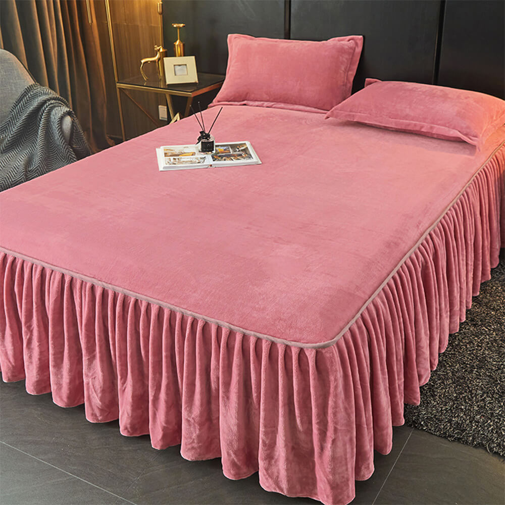 Solid Colour Soft Warm Milk Velvet Mattress Cover Protector Bed Skirt