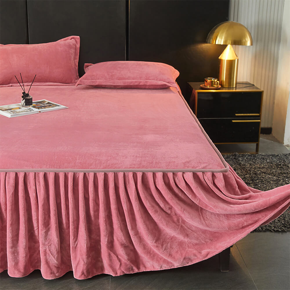 Solid Colour Soft Warm Milk Velvet Mattress Cover Protector Bed Skirt