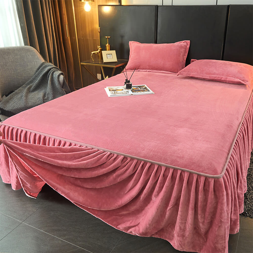 Solid Colour Soft Warm Milk Velvet Mattress Cover Protector Bed Skirt