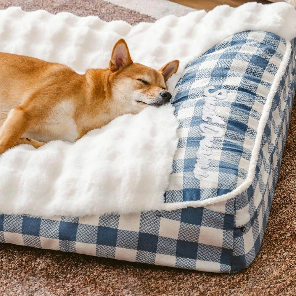 Large Classic Check Headrest Rectangle Orthopaedic Dog Bed - Dreamy wave