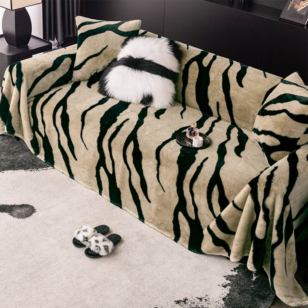 Luxurious Zebra-Print Fluffy Plush Sofa Protector Stylish Sofa Cover