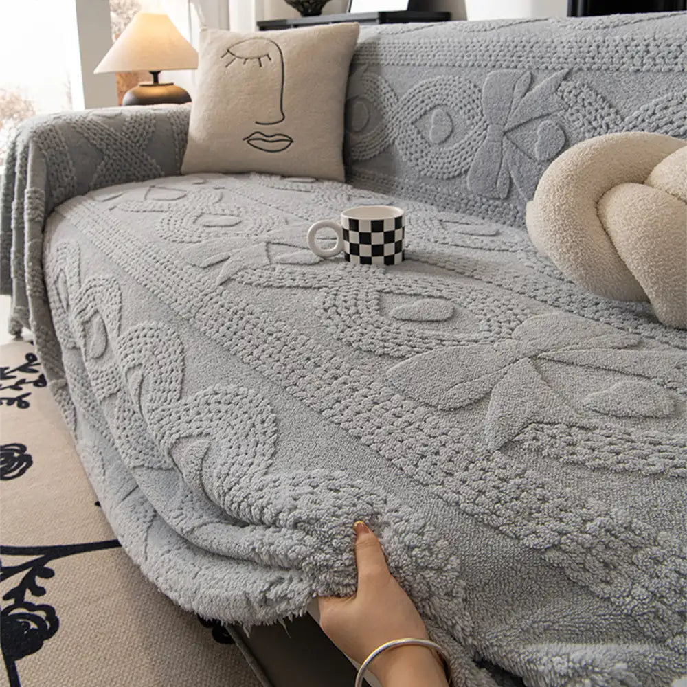 Bowknot Jacquard Plush Multifunctional Sofa Blanket Sofa Cover