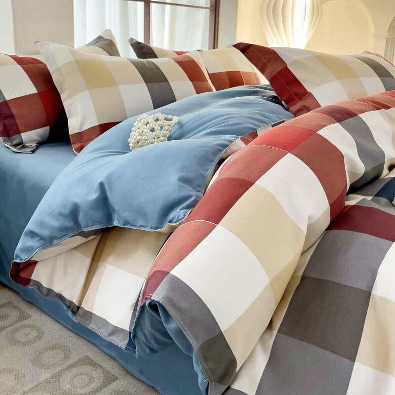 Classic Plaid Colour Block Stylish Breathable Bed Sheet Set