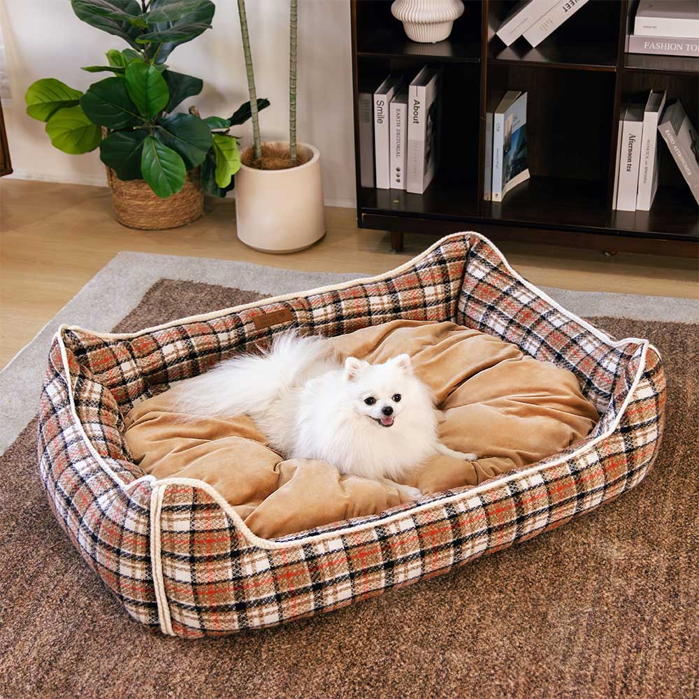 Classical Retro Plaid Removable Bolster Calming Dog Bed - Nostalgic Retreat