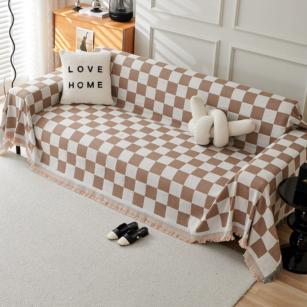 Colour Block Chequerboard Fringe Trim Sofa Blanket Sofa Cover