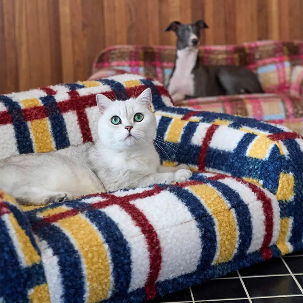 Cosy Plaid Faux Lambs Wool Washable Dog & Cat Sofa Bed - Vintage Modern