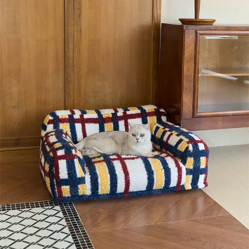 Cosy Plaid Faux Lambs Wool Washable Dog & Cat Sofa Bed - Vintage Modern