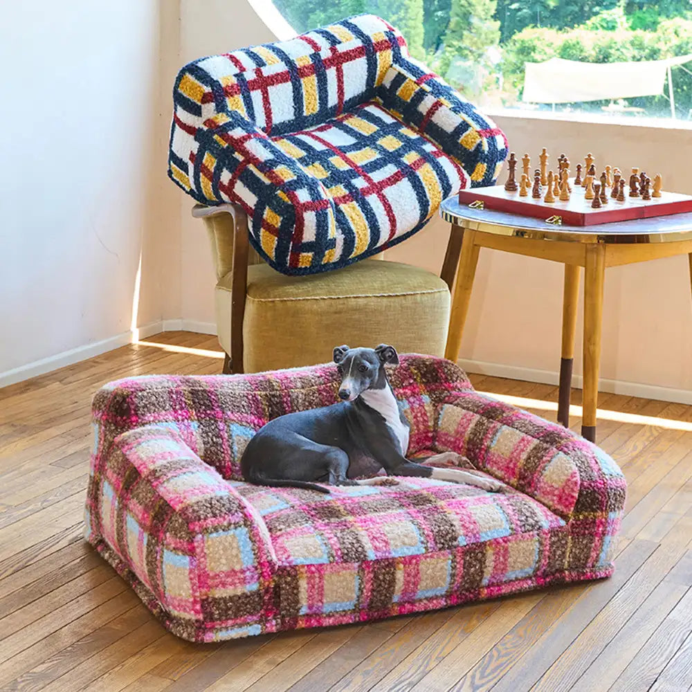 Cosy Plaid Faux Lambs Wool Washable Dog & Cat Sofa Bed - Vintage Modern