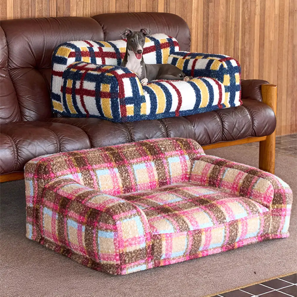 Cosy Plaid Faux Lambs Wool Washable Dog & Cat Sofa Bed - Vintage Modern