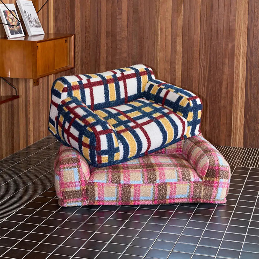 Cosy Plaid Faux Lambs Wool Washable Dog & Cat Sofa Bed - Vintage Modern
