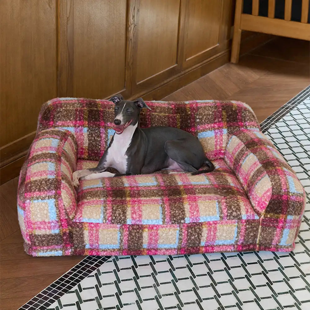 Cosy Plaid Faux Lambs Wool Washable Dog & Cat Sofa Bed - Vintage Modern