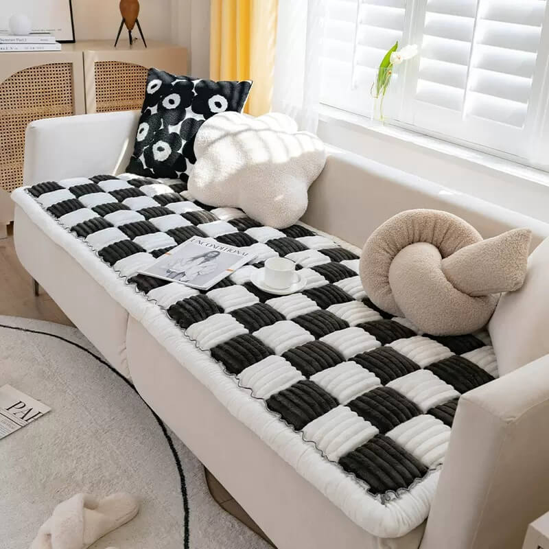 Cream-coloured Large Plaid Square Pet Carpet Bed Sofa Cover