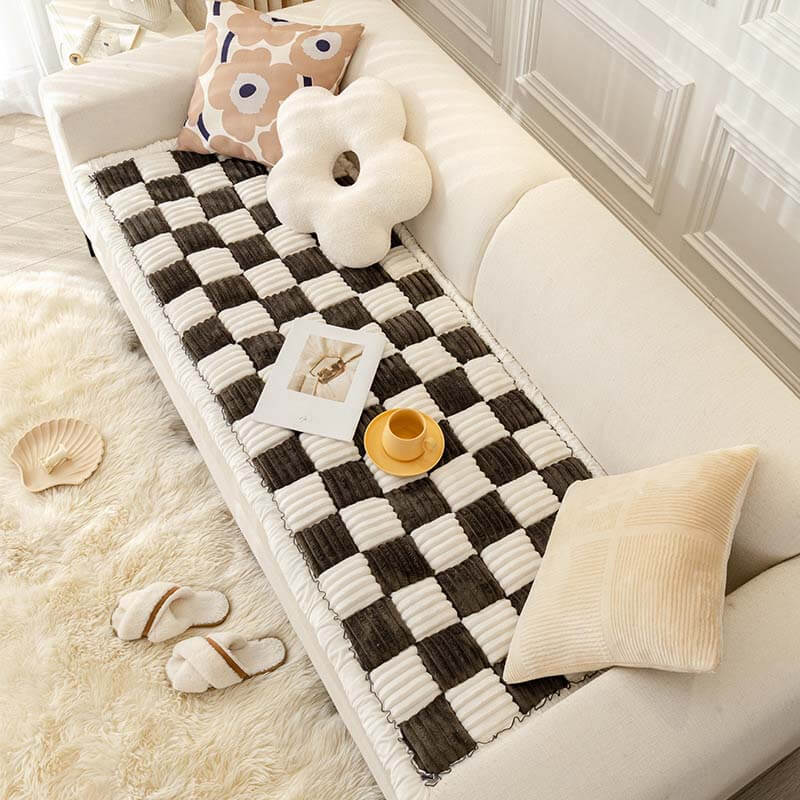 Cream-coloured Large Plaid Square Pet Carpet Bed Sofa Cover