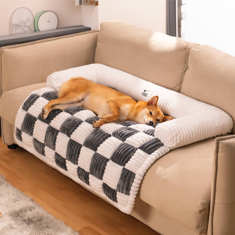 Cream Square Plaid Cosy Dog Mat Furniture Protector Cover