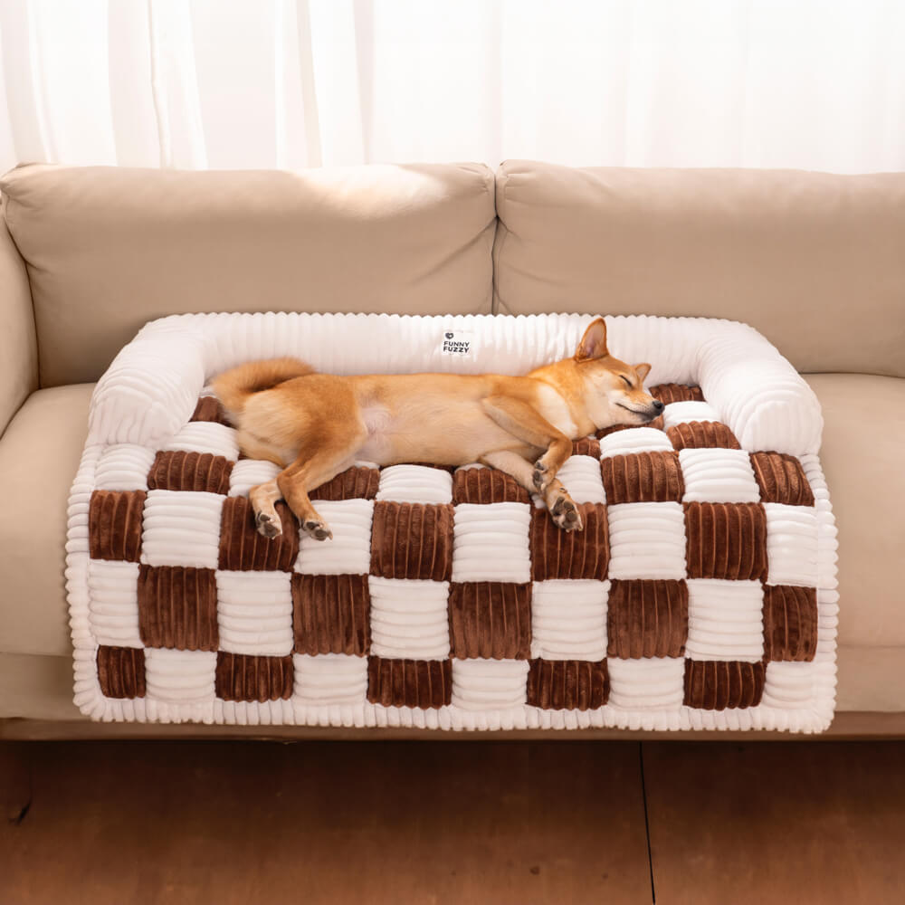 Cream Square Plaid Cosy Dog Mat Furniture Protector Cover