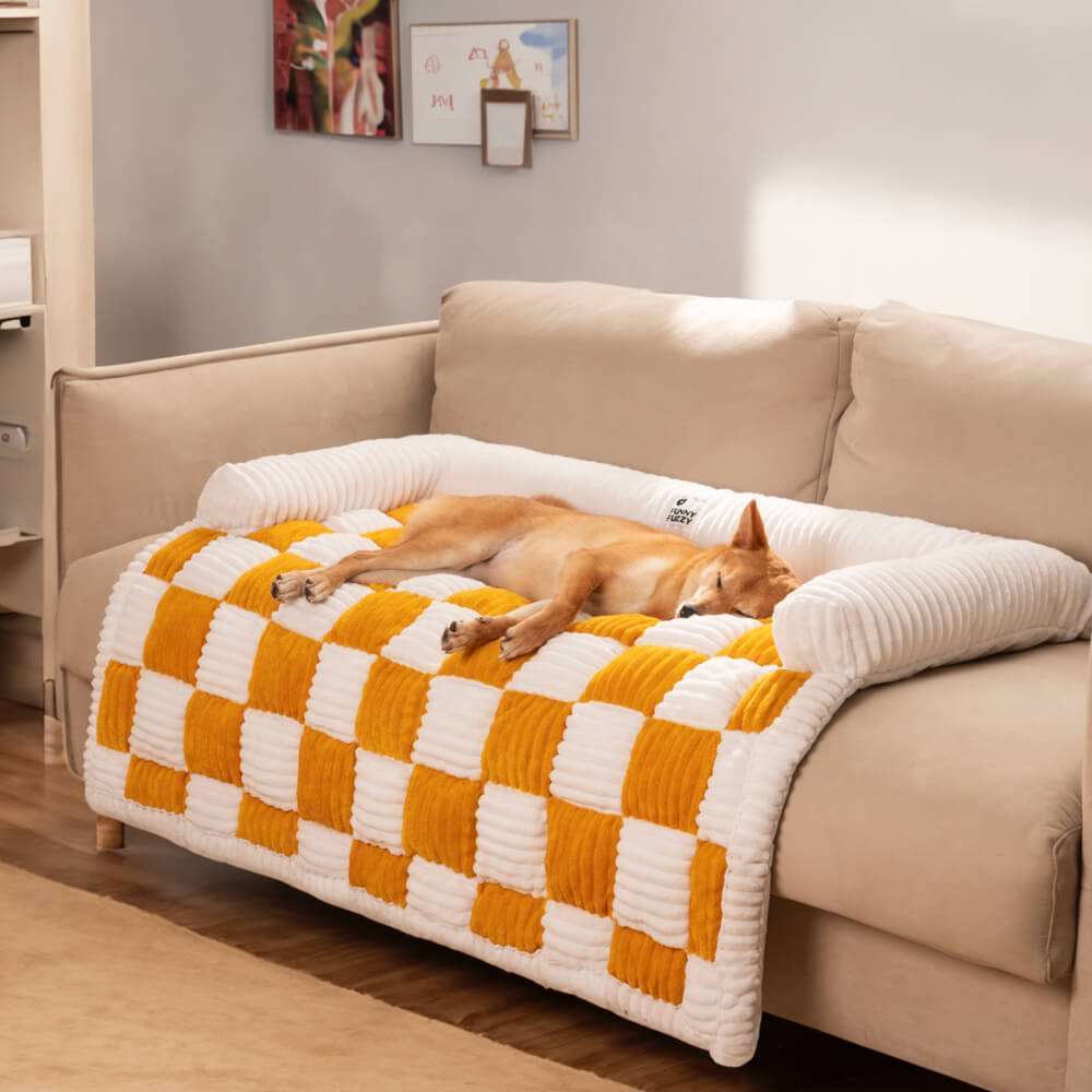 Cream Square Plaid Cosy Dog Mat Furniture Protector Cover