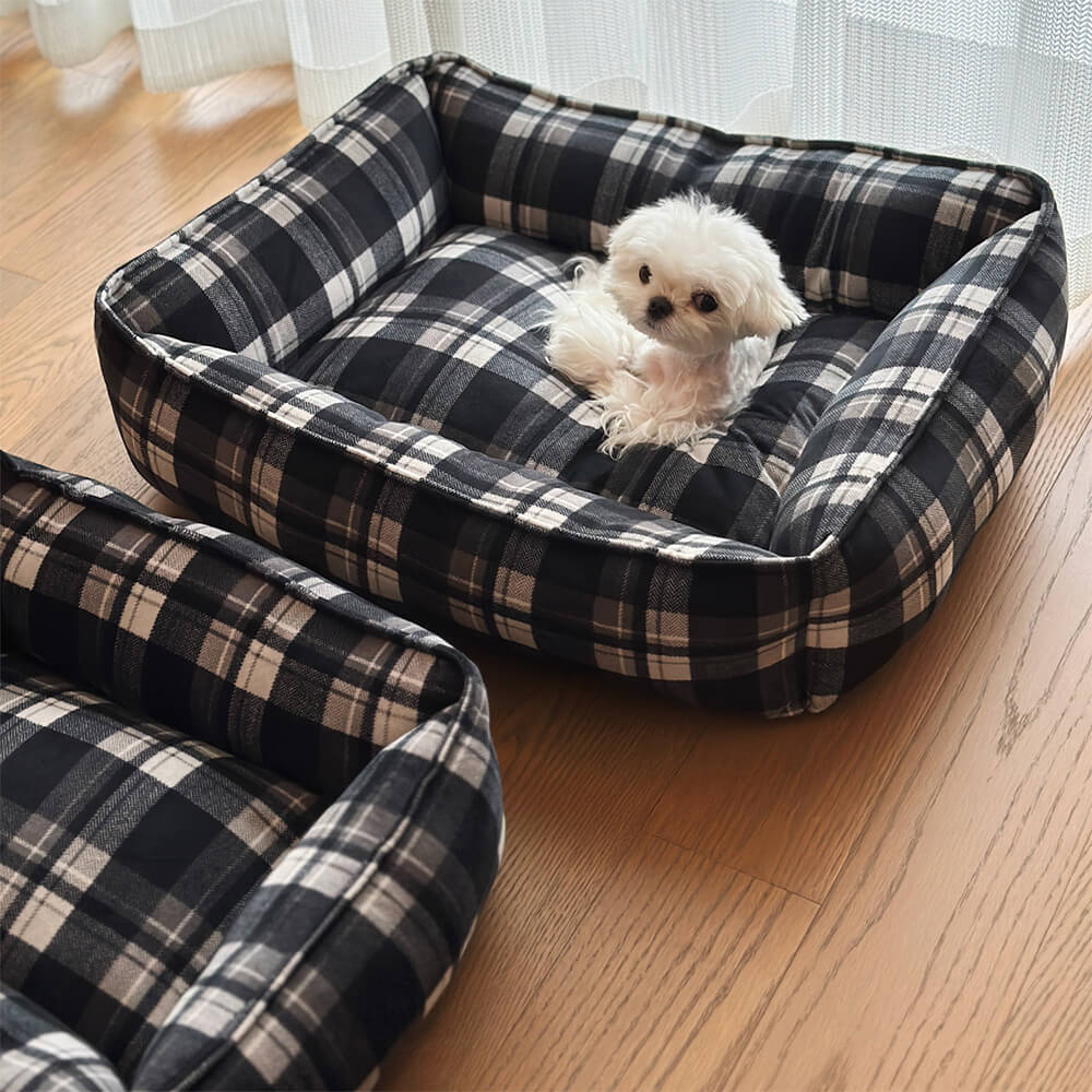 Durable Black Plaid Warm Full Surround Support Dog & Cat Bed