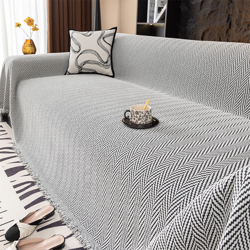 Premium Herringbone Chenille Fringe Full Coverage Sofa Cover