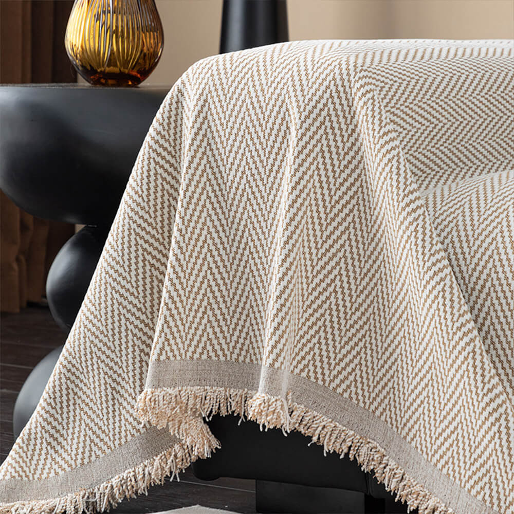 Premium Herringbone Chenille Fringe Full Coverage Sofa Cover