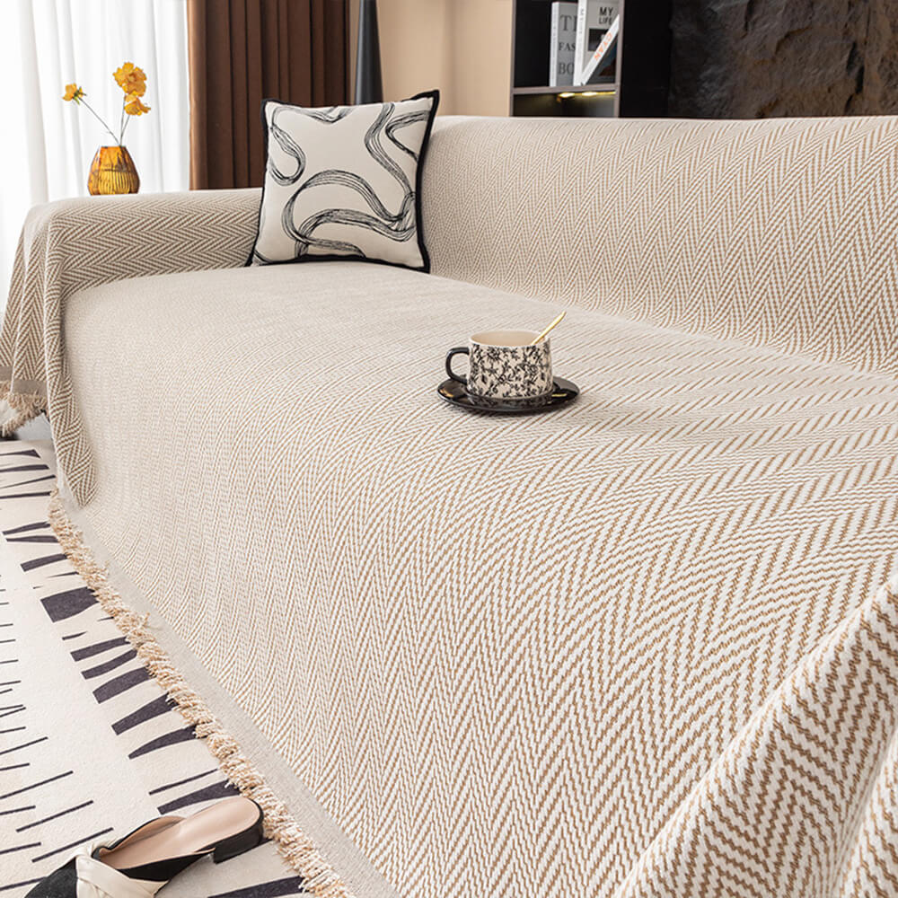 Premium Herringbone Chenille Fringe Full Coverage Sofa Cover