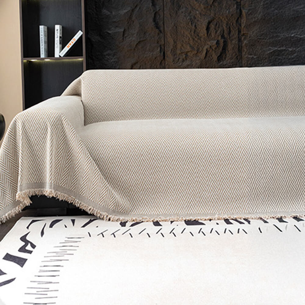 Premium Herringbone Chenille Fringe Full Coverage Sofa Cover