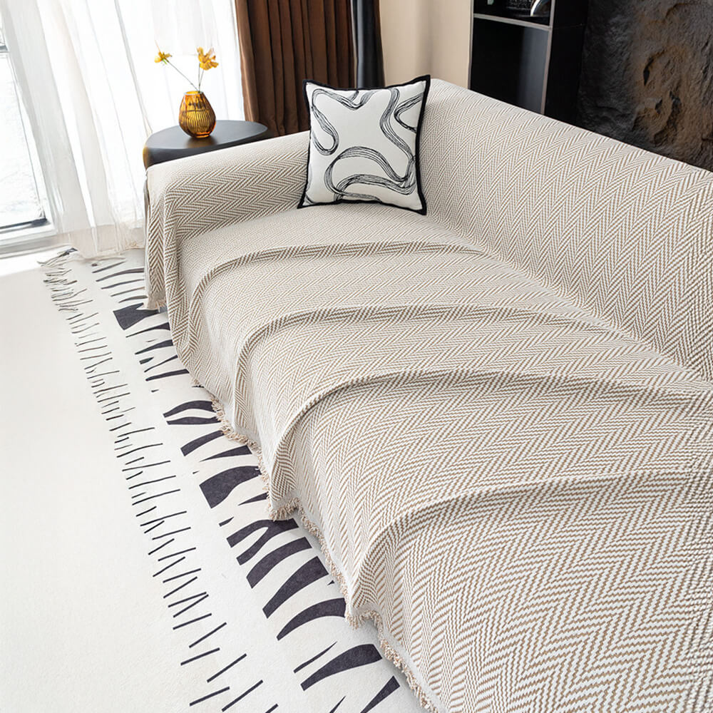 Premium Herringbone Chenille Fringe Full Coverage Sofa Cover