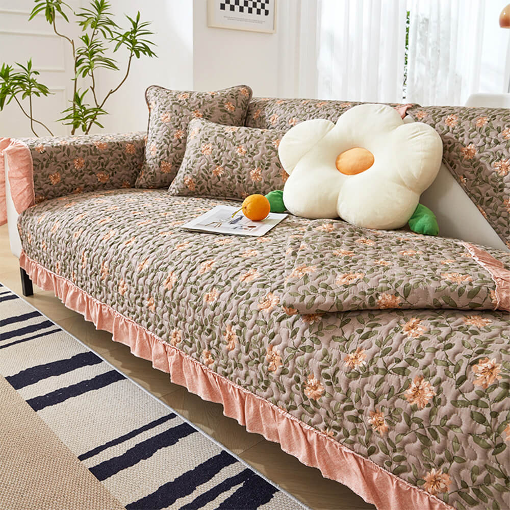 Elegant Floral Quilted Skirted Breathable Soft Touch Sofa Cover