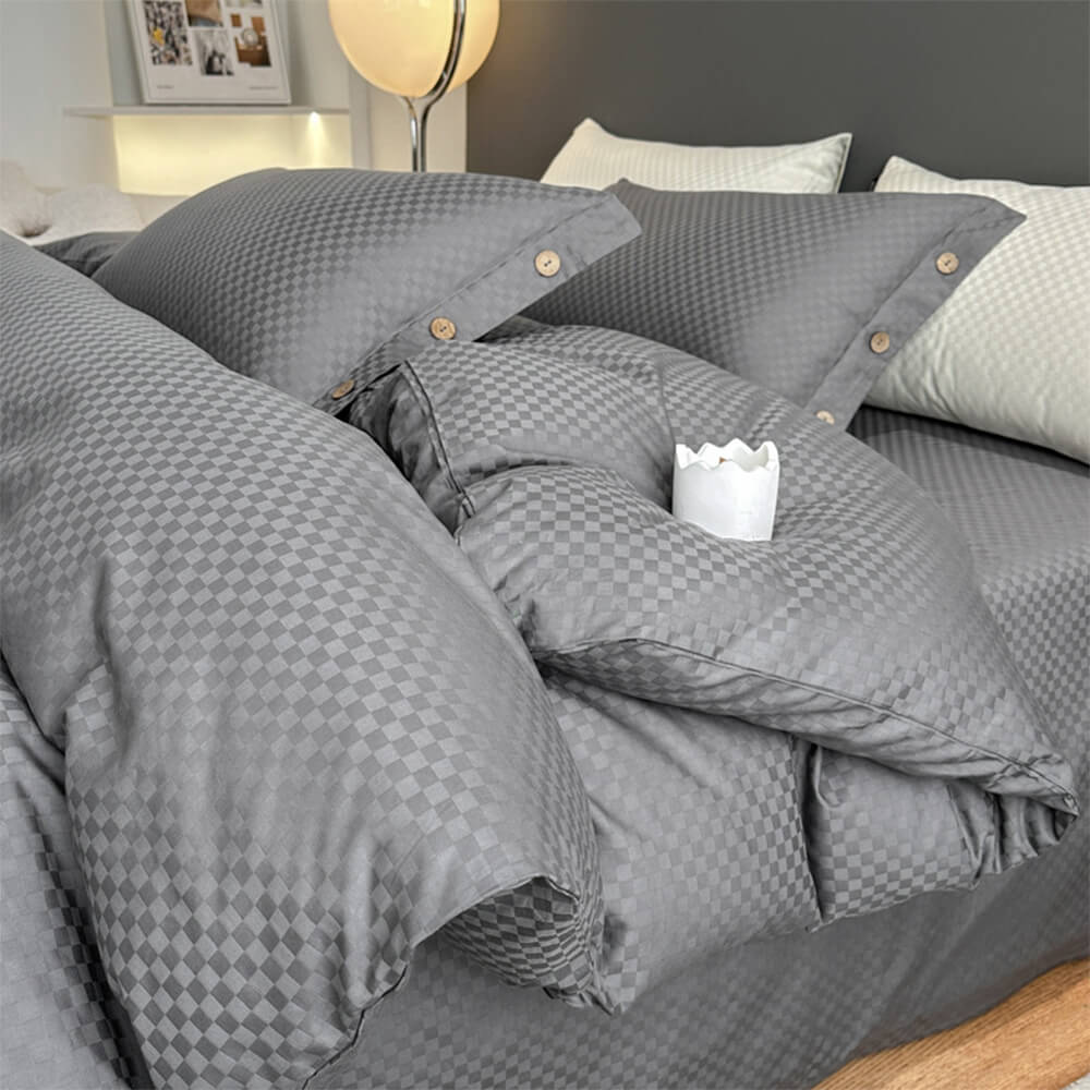 Luxurious Chequerboard Smooth Cotton Sateen Bed Sheet Set