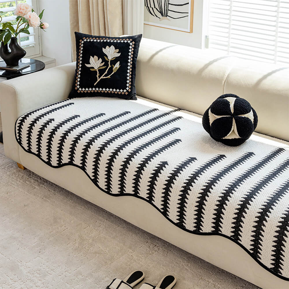Modern Chevron Stripes Chenille Sofa Cover with Wavy Edges