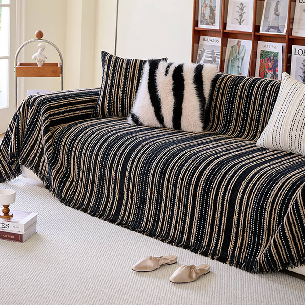 All-Season Striped Tassels Full-Cover Chenille Durable Sofa Cover