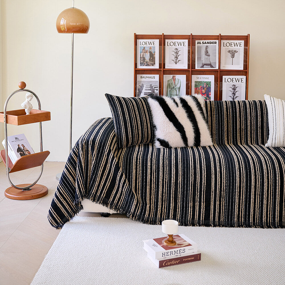 All-Season Striped Tassels Full-Cover Chenille Durable Sofa Cover