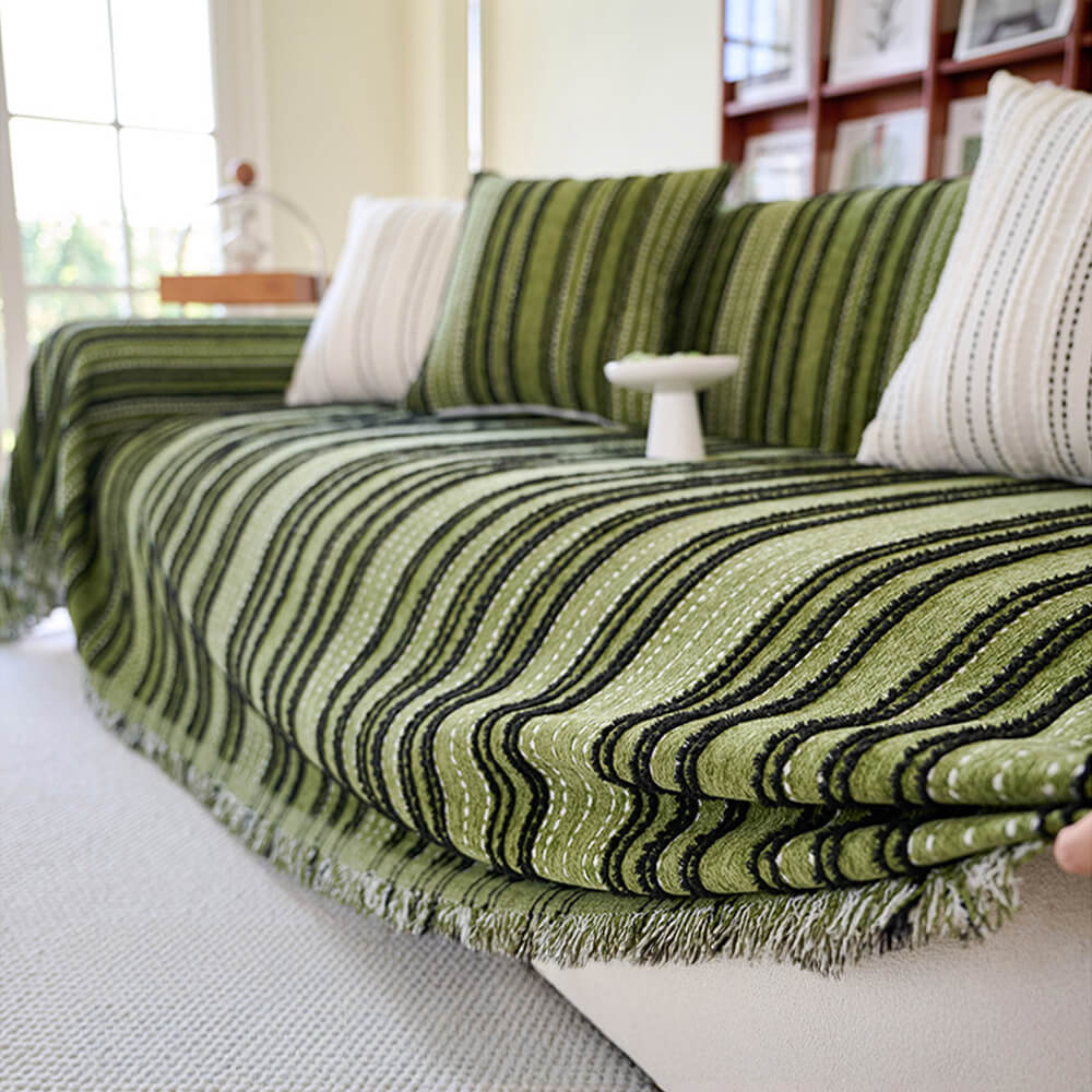 All-Season Striped Tassels Full-Cover Chenille Durable Sofa Cover