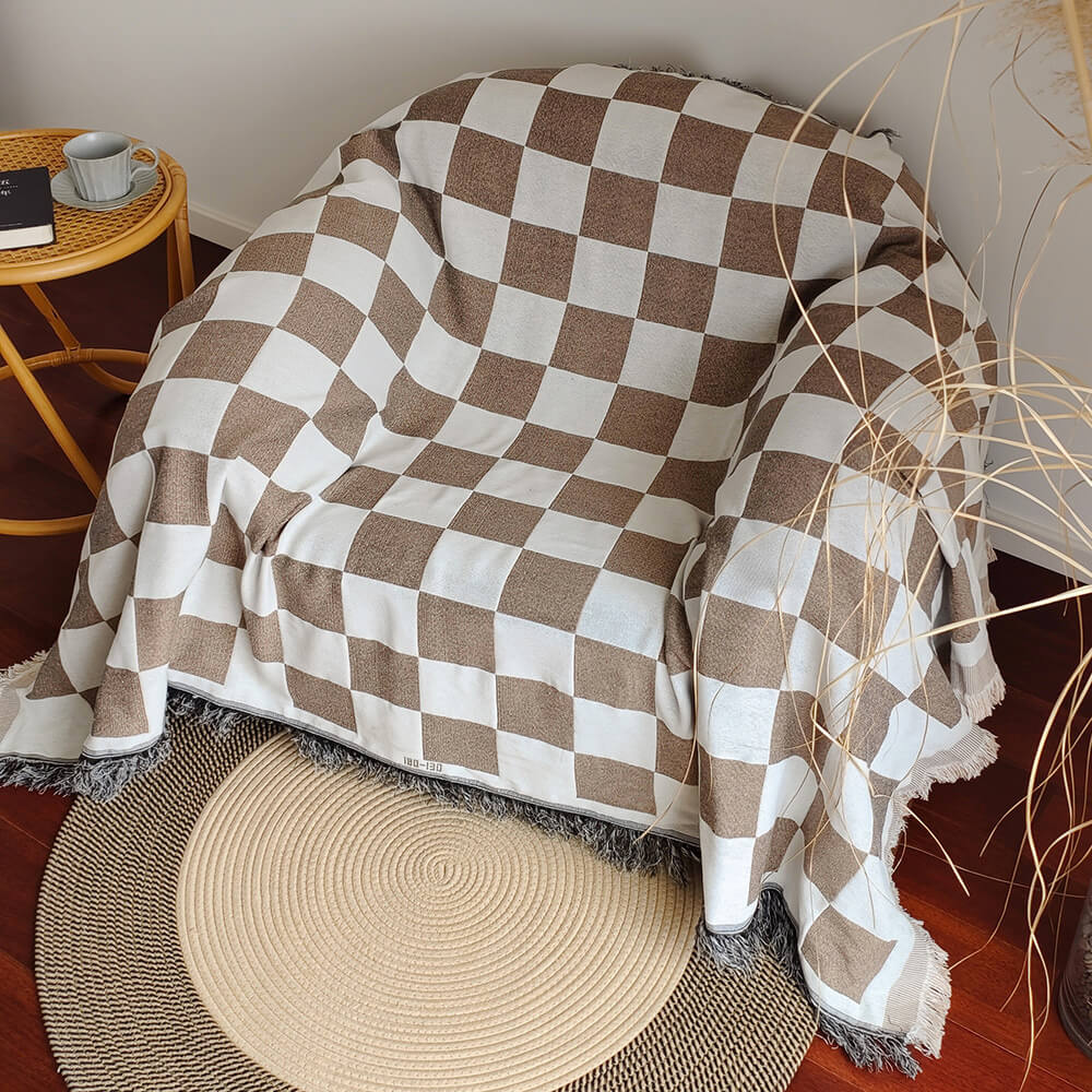 Colour Block Chequerboard Fringe Trim Sofa Blanket Sofa Cover